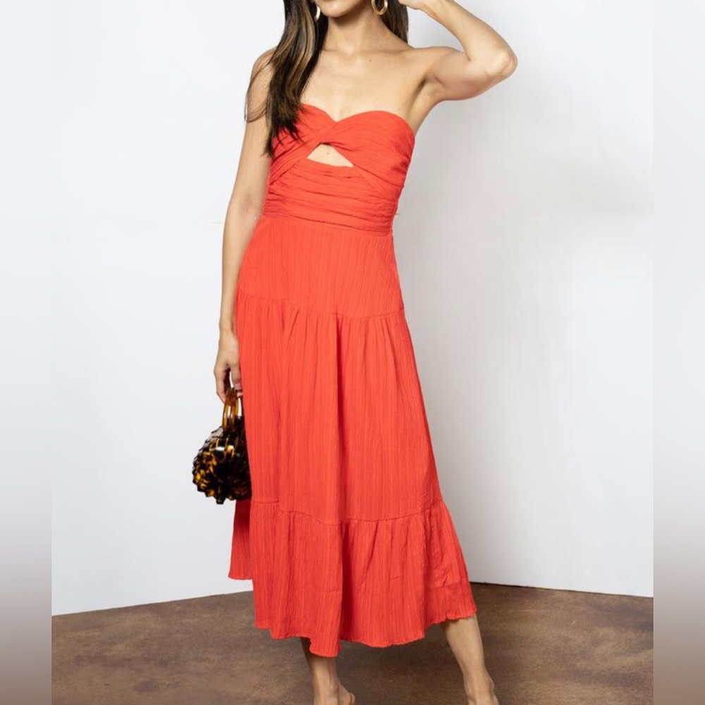 THML Josie Red Strapless Midi Dress with Bow Detail Size XL